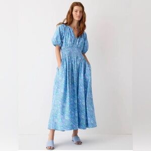 J. Crew Blue Floral Provence Smocked Waist Midi Dress in Marigold Blooms NWT